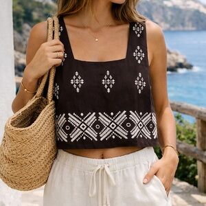 Calypso St Barth Embroidered Linen Boho Tank Top Brown Size Large NWT
